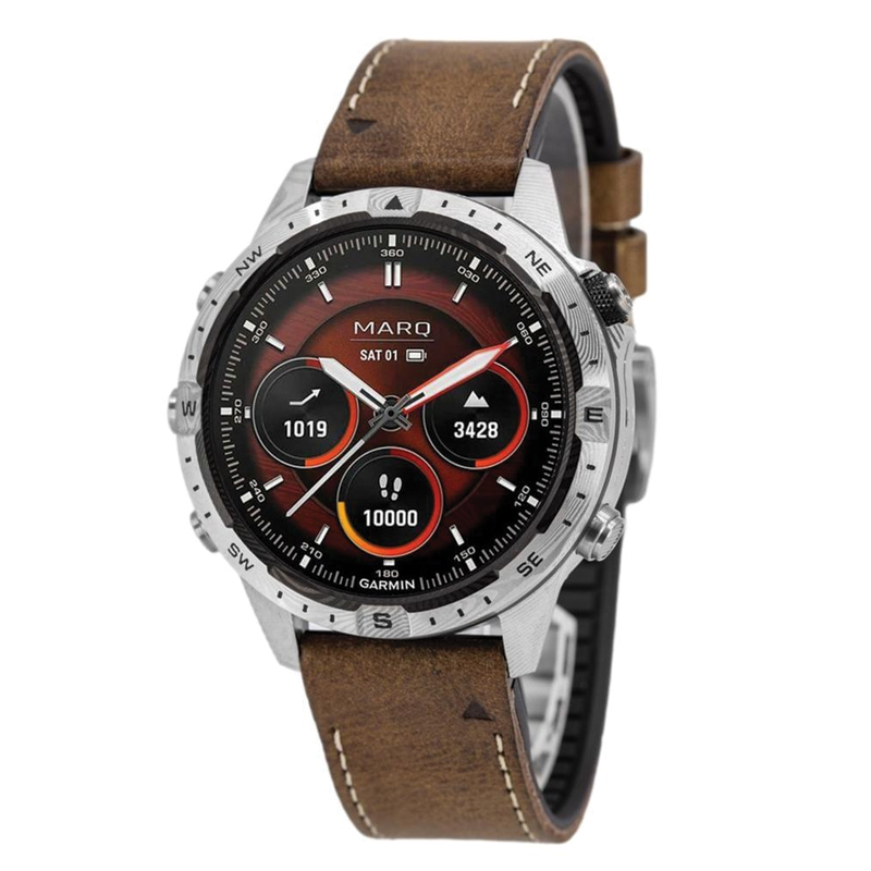 Garmin MARQ® Adventurer (Gen 2) Luxury GPS Tool Watch | 46mm | Damascus Steel | AMOLED Touchscreen | Domed Sapphire Crystal | Leather & FKM Rubber Hybrid Strap | EMEA | 010-03393-31