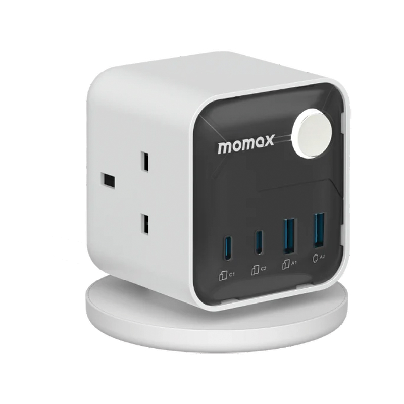 Momax 1-Charge Work Flow 3-Outlet Power Cube with USB | 25W GaN Technology | 3 AC Outlets | 2 USB-C PD Ports | 2 USB-A Ports | White