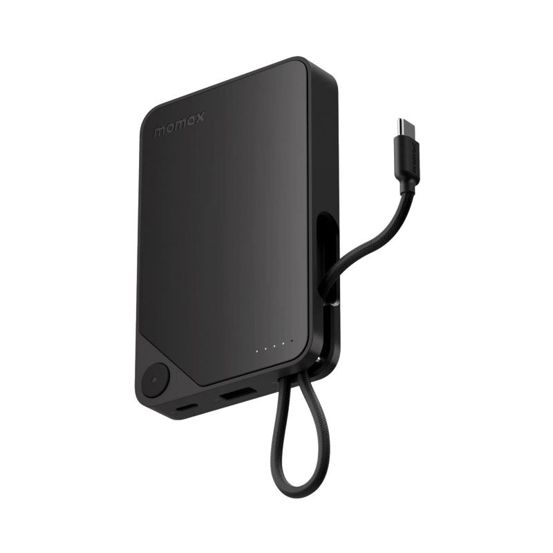MOMAX 1-Power X 10000mAh Power Bank | Built-in USB-C Cable | 20W PD | QC 3.0 | USB-C + USB-A | Black