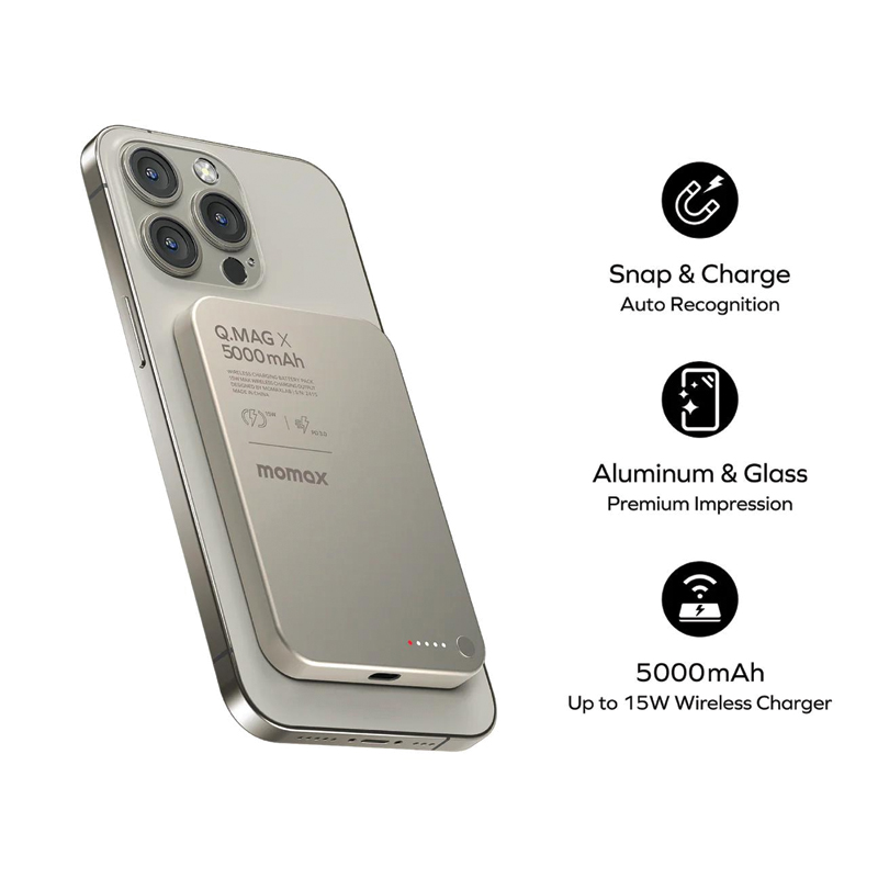 MOMAX Q.Mag X 5000mAh Gen 2 15W Ultra Slim MagSafe Wireless Power Bank – Titanium